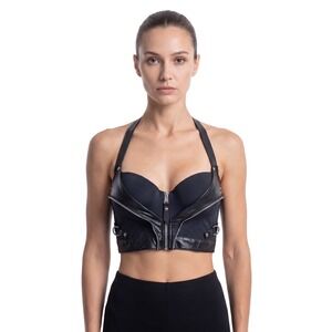 Honey Birdette Leather Look Zip Harness Bra Bustier Top Black 34D Lingerie